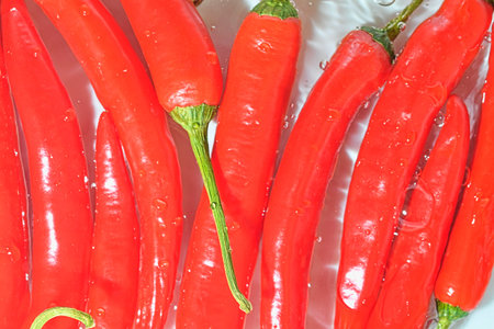 Red peppers in water on white background. Red chili peppers close-up in liquid with bubbles. Red chilli peppers in water. Macro image of vegetables in water.の写真素材