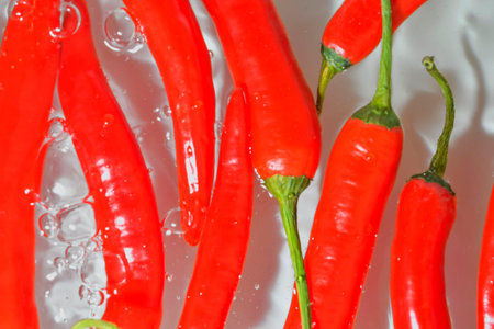 Red chili peppers close-up in liquid with bubbles. Red chili peppers with water bubbles. Close-up of fresh red chili peppers on white background. Top view, flat design.の写真素材