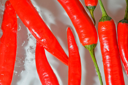 Close-up of fresh slices of chili peppers on white background. Red chili peppers in sparkling water on white background, close-up. Horizontal image.の写真素材