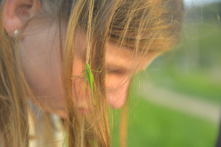 A little blonde girl with a grasshopper in her hair. The concept of romance and carefree childhoodの写真素材