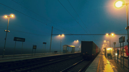 The station at night and in the fog. Railway station in night, darkness and mist. The concept of loneliness, sadness and also hope.の写真素材