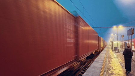 Night train in the fog. Station in fog and darkness. Passing of freight train in fog and darkness. Concept of traffic problems, cargo train moving through station. Concept of rail haulage and globalization.の写真素材