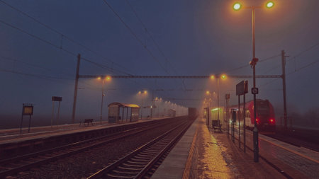 Night train in the fog. Station in fog and darkness. Passage of express train in fog and darkness. Concept of transport problems, suburban transport and fast train transport.の写真素材