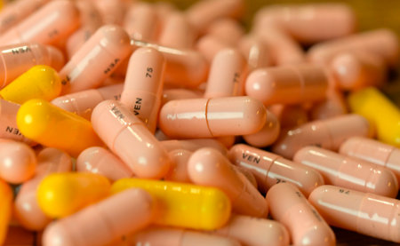A stack of pills. Macro shot of a pile of pills, medication. Medicines in capsules. Concept of health and misuse of medicineの写真素材