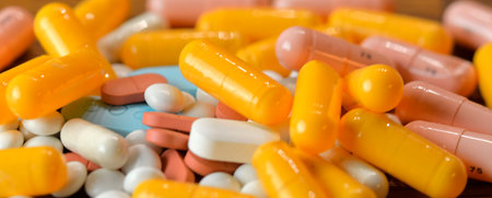 A stack of pills. Macro shot of a pile of pills, medication. Medicines in capsules. Concept of health and misuse of medicineの写真素材