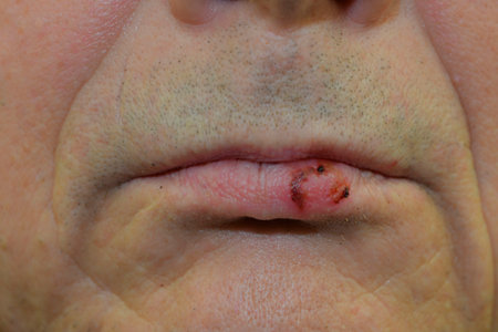 Oral herpes on the lip. Cold sore on the mouth. Fever blister on lips. The concept of vitamins and healthy lifestyleの写真素材