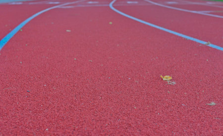 View of an athletic track. Tartan surface on an athletic field with lanes. Concept of sports,...