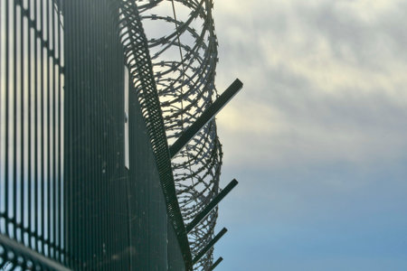 View of a prison fence topped with razor wire. Iron fence topped with barbed wire. Concept of guarded facilities, prisons, and military buildings.の写真素材