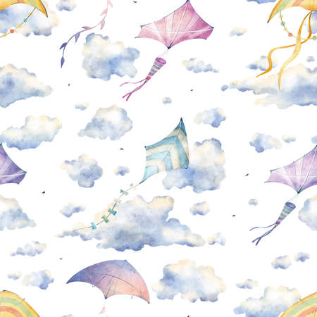 Watercolor hand drawn seamless pattern with illustration of colorful sky kites toys, blue clouds. Vintage style delicate elements isolated on white background. Romantic beautiful summer wallpaperの写真素材