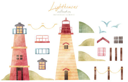 Watercolor hand drawn set with flat cartoon illustartion of lighthouse, seagulls, islands, details. Collection of scandinavian nursery minimalistic style elements isolated on white backgroundの写真素材