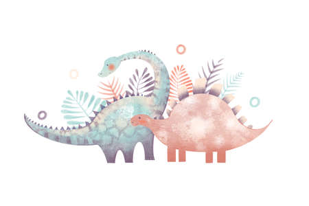 Childish set with illustration of colorful dinosaurs, palm leaves, dooodles isolated on white background. Collection for print, wrapping paper, wallpaper, fabric, textile. Poster with dinosaurs.の写真素材
