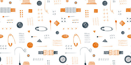 Seamstress seamless pattern with illustration of watercolor retro sewing tools. Sewing kit,...