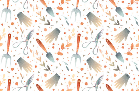 Watercolor vintage hand drawn seamless pattern with flat illustration of gardening. Cute garden work elements isolated on white background. Garden tools gloves, shovel, seeds, rake, plants, prunerの写真素材