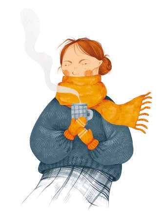 Autumn halloween mood. Illustration of girl in scarf, sweater, plaid skirt. Hot cup of tea. Flat cartoon hatch style hand drawn elements isolated on white background. Cute pencil, watercolor postcardの写真素材