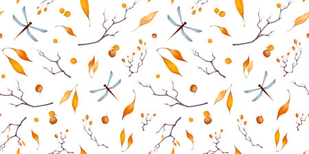 Watercolor autumn Halloween seamless pattern in cartoon style with illustration of branch, autumn...