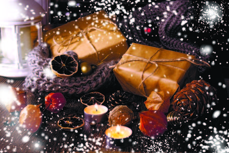 2018 New year and christmas background. Sparkle magic snow. Joyeux Noel. Christmas tree toys. Xmas gift box. Selective soft focus.の写真素材