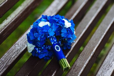 wedding bouquet of beautiful blue and white fresh flowersの写真素材