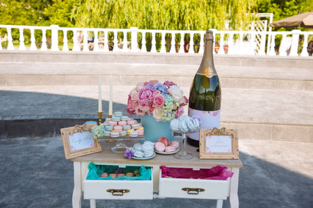 Candy bar. Table with sweets, candies dessertsの写真素材