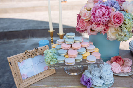 Candy bar. Table with sweets, candies dessertsの写真素材