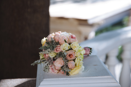 Wedding bouquet with flowers on the white backgroundの写真素材