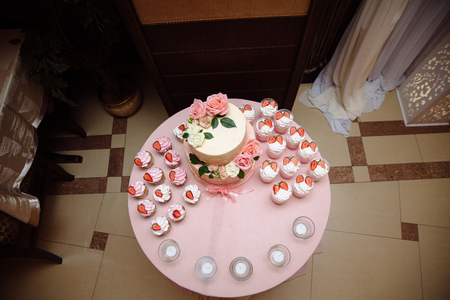Candy bar. Table with sweets, candies dessertsの写真素材