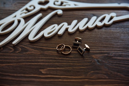 Men's accessories. Bow-tie, cufflinks, gold rings Groom detailsの写真素材