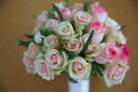 wedding bouquet on Brown table.の写真素材