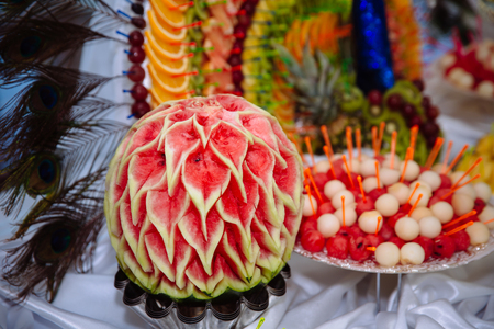 Plate with fruit. Watermelon sweet barの写真素材