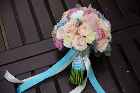 wedding bouquet on Brown table.の写真素材