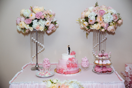 Wedding cake. Candy bar marshmallow on the table in a vase, macaroon, cake and cupcake, decor vanilla, handmade sweetの写真素材