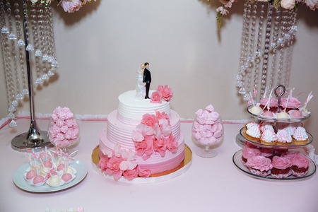 Wedding cake. Candy bar marshmallow on the table in a vase, macaroon, cake and cupcake, decor vanilla, handmade sweetの写真素材