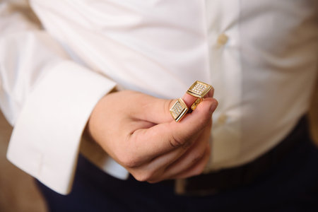 Business man hands with cufflinks. Elegant gentleman clother