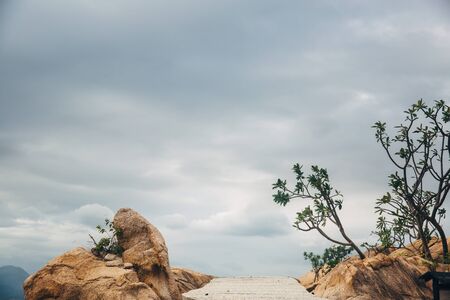 Beautiful landscape with bridge and view of ocean, perfect beach, big stones, trees, azure water. Background imageの写真素材