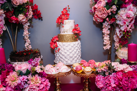 Candy bar. Table with sweets, candies dessertsの写真素材