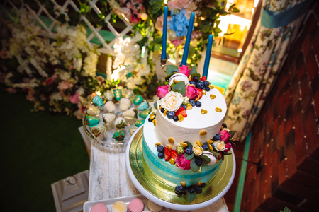 Candy bar, wedding cake luxury decorated in wedding party, cupcakes. Concept of Sweet table.の写真素材