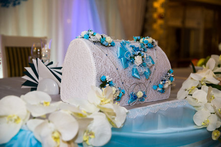 Beautiful decorated wedding restaurant for marriage. Colorful decoration for celebration. Beauty bridal interior. Concept of style of banquet hallの写真素材