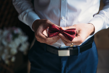 Close-up businessman groom holding bow-tie in his hands. Concept of men stylish elegance clothesの写真素材