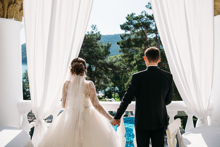 Bride and groom holding hands and turned, back viewの写真素材