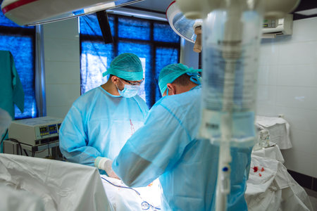 Two doctors in sterile medical clothes perform an operation in a hospital. Professional work in the...