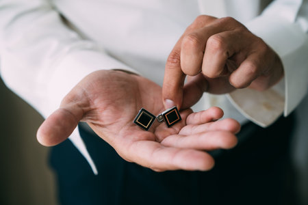 Close-up groom hands holds cufflinks. Elegant gentleman clothes, white shirt and watchの写真素材