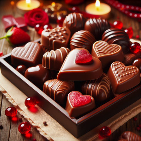 A set of chocolates in the shape of hearts on a background of red roses and burning candles close up. Valentine's Day Gift.の素材