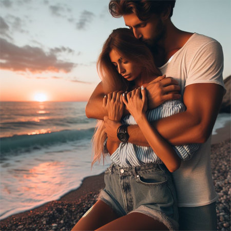 A guy hugs a girl on the seashore in the rays of the setting sun.の素材