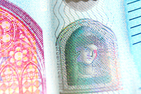 Close-up of a 20 euro banknote fragment with the portrait hologram. Macro photography.