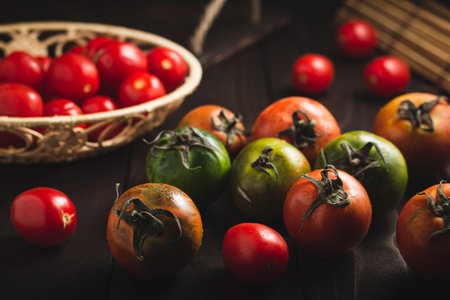 Fresh colorful ripe fall or summer heirloom variety of tomatoes in a basket on dark wooden background. Autumn and harvest concept. Still life, close upの写真素材