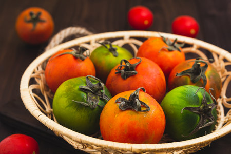 Fresh colorful ripe fall or summer heirloom variety of tomatoes in a basket on dark wooden background. Autumn and harvest concept. Still life, close upの写真素材