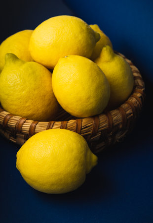 Basket with ripe lemons. On a rustic blue dark background. high quality photoの写真素材