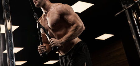 Handsome man with big muscles, posing at the cameraの写真素材