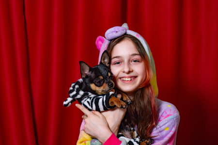 Teenager girl with a chihuahua dog in clothes against the background of red curtains at home.の写真素材