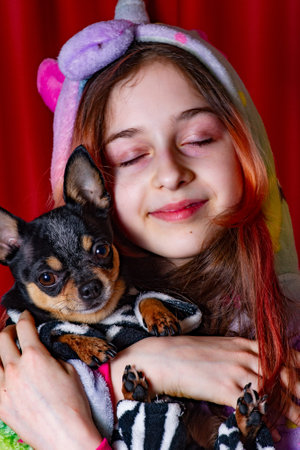 Teenager girl with a chihuahua dog in clothes against the background of red curtains at home.の写真素材