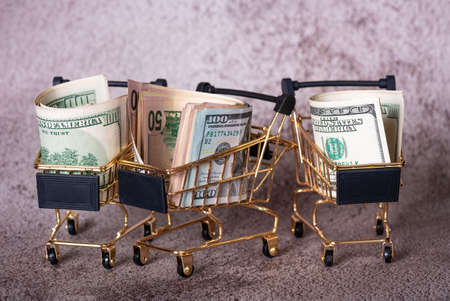 Financial and banks concept. Three shopping baskets with dollars in them on a gray background.の写真素材